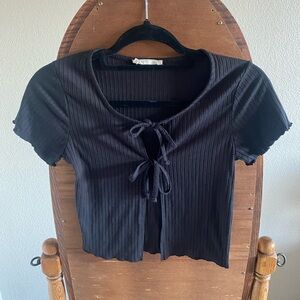 Black Ribbed Tie-Front Top